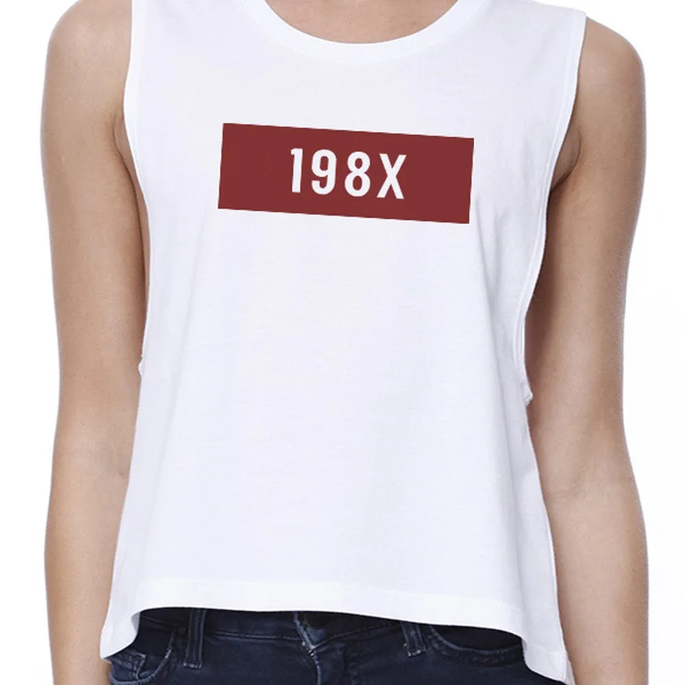 198X Womens White Cute Design Crop Tee Unique Graphic Crew Neck