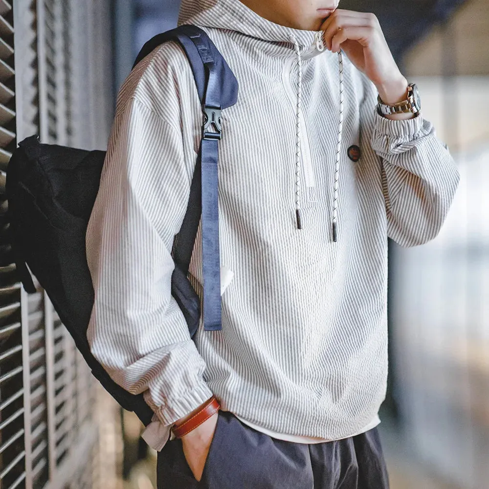 Aidase Men Hooded Sweatshirt Gray and White Striped Seersucker Pullover Top Spring and Summer Breathable Men's Clothes Hoodies