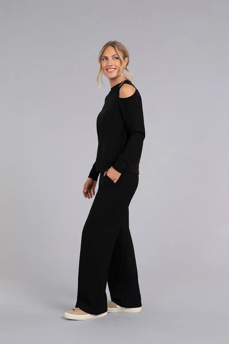 Bamboo Fleece Cut Out Shoulder Top | Black