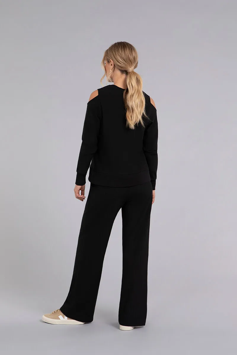 Bamboo Fleece Cut Out Shoulder Top | Black