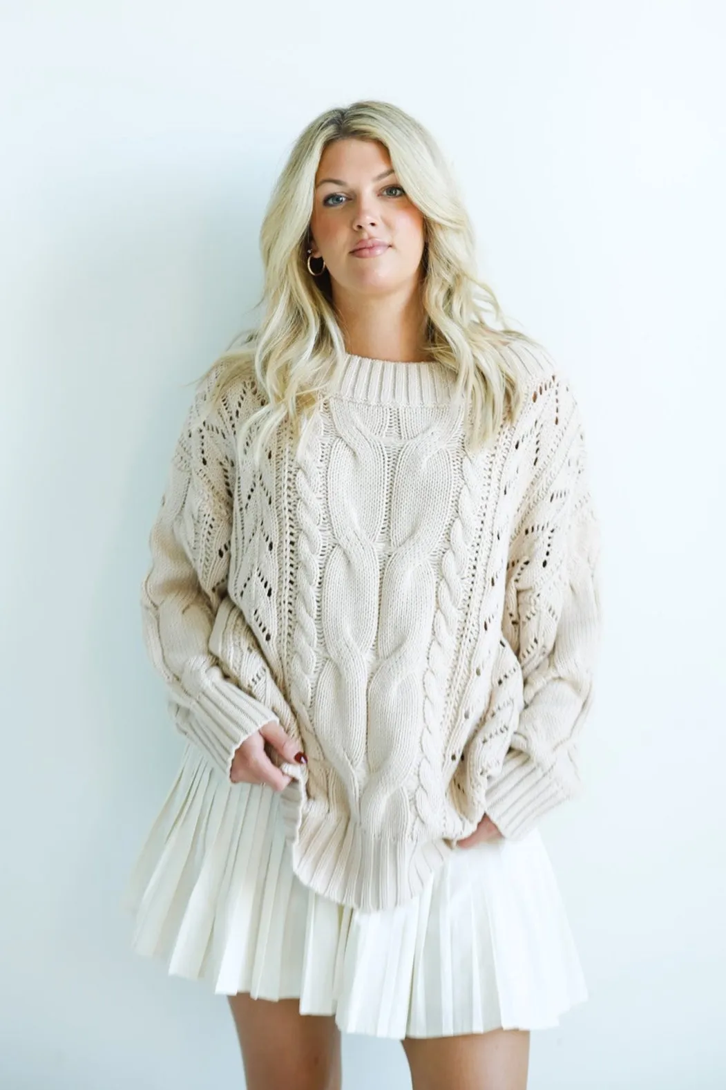 Beige Chunky Cable-Knit Sweater