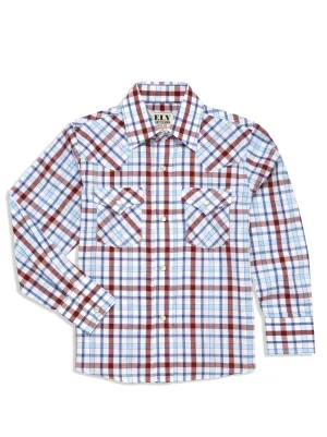 Boy's Ely Cattleman Long Sleeve Heritage Plaid Western Snap Shirt- Blue & White