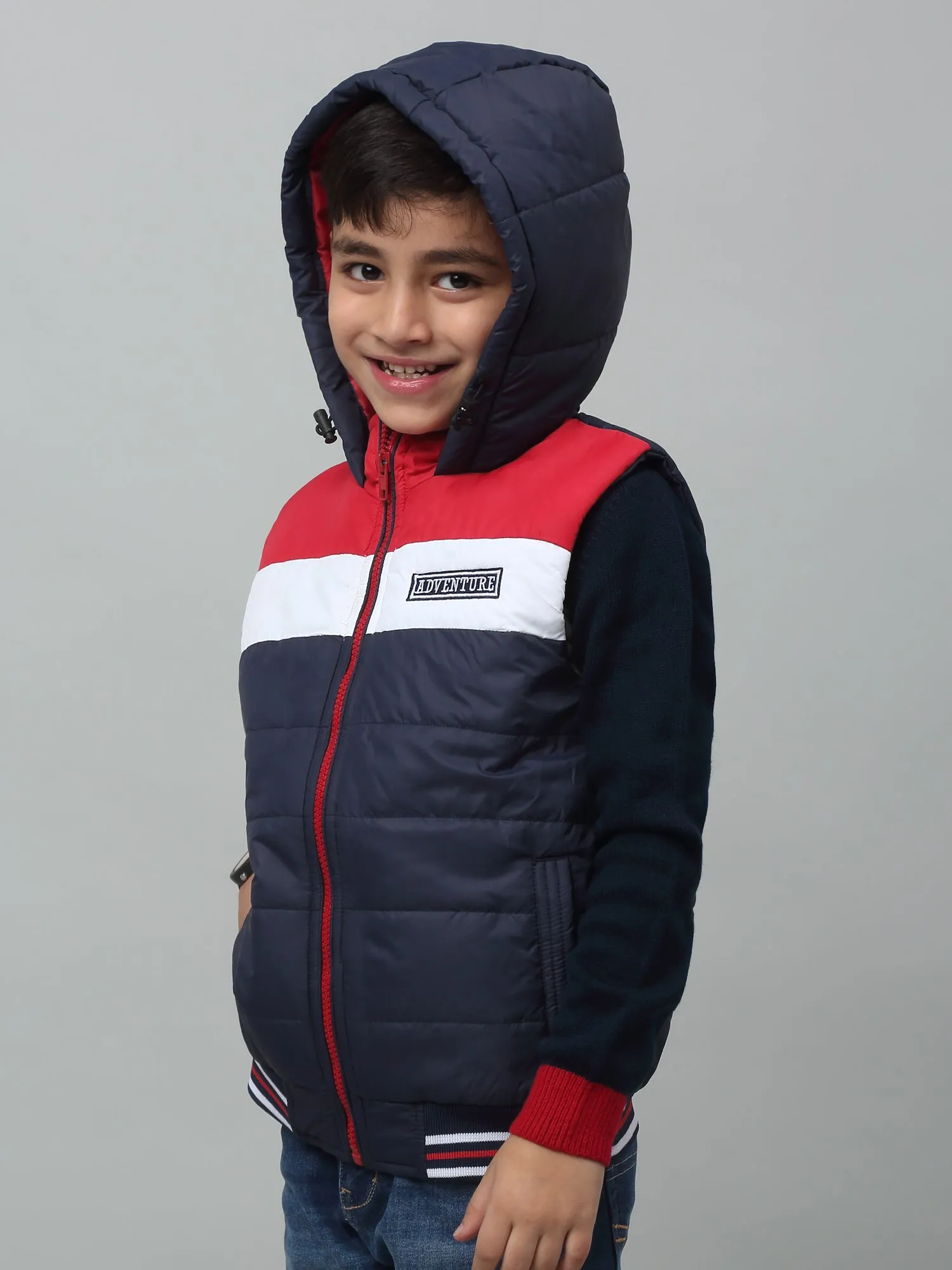 Boys Navy Blue Hooded Neck Colour Blocked Casual Jacket For Winter