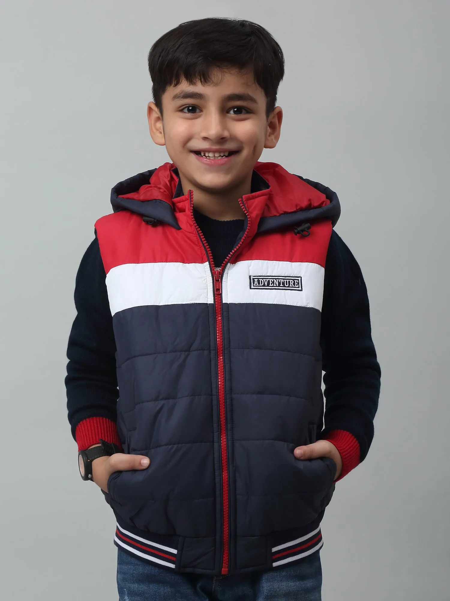 Boys Navy Blue Hooded Neck Colour Blocked Casual Jacket For Winter