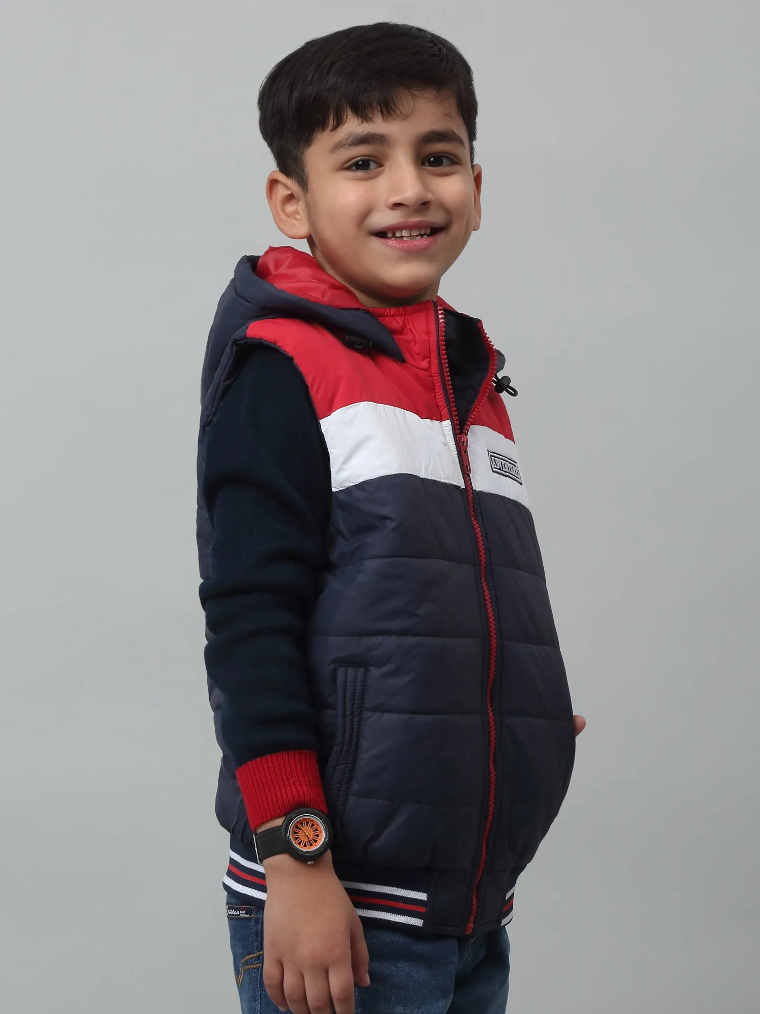 Boys Navy Blue Hooded Neck Colour Blocked Casual Jacket For Winter