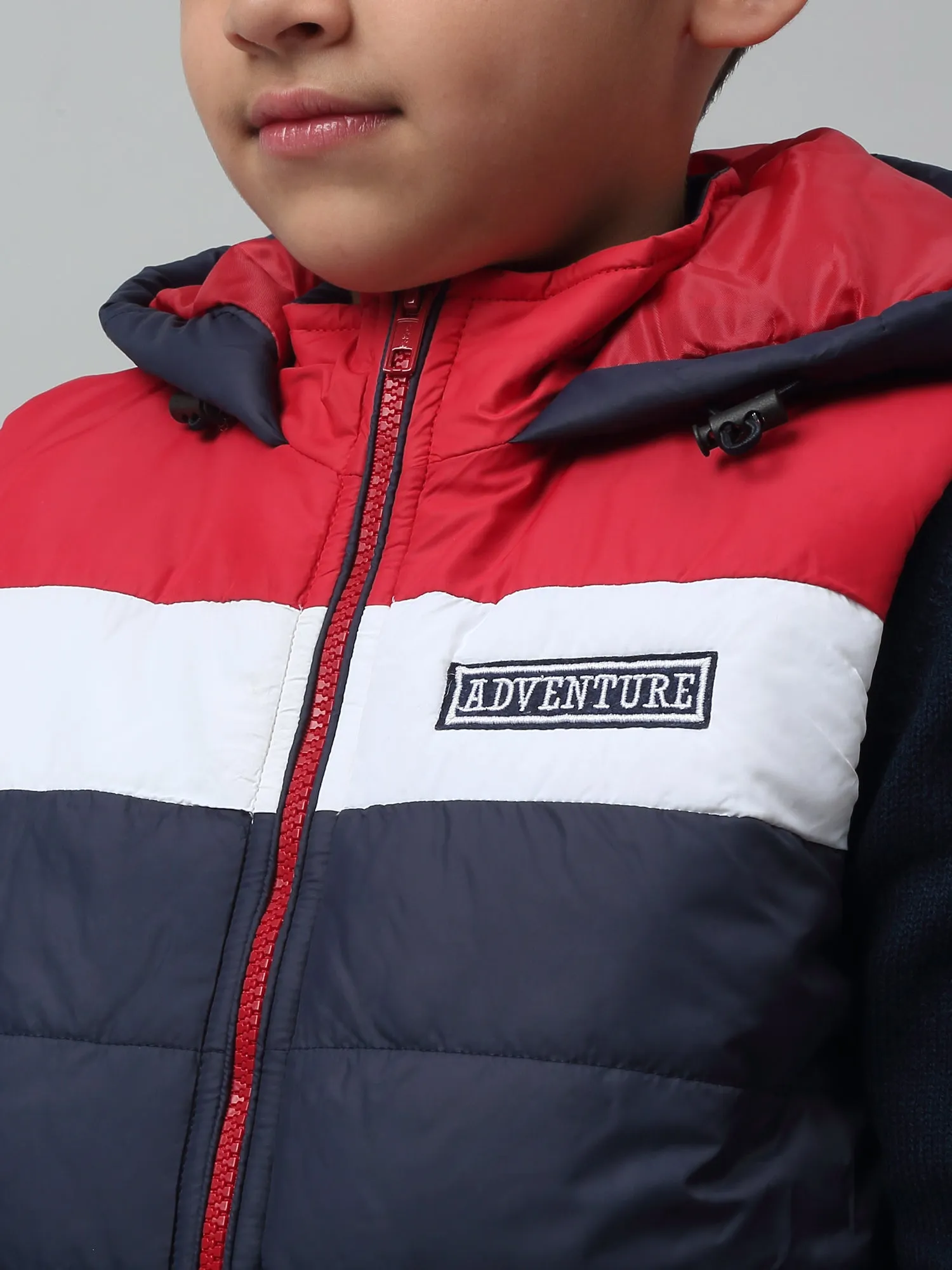 Boys Navy Blue Hooded Neck Colour Blocked Casual Jacket For Winter