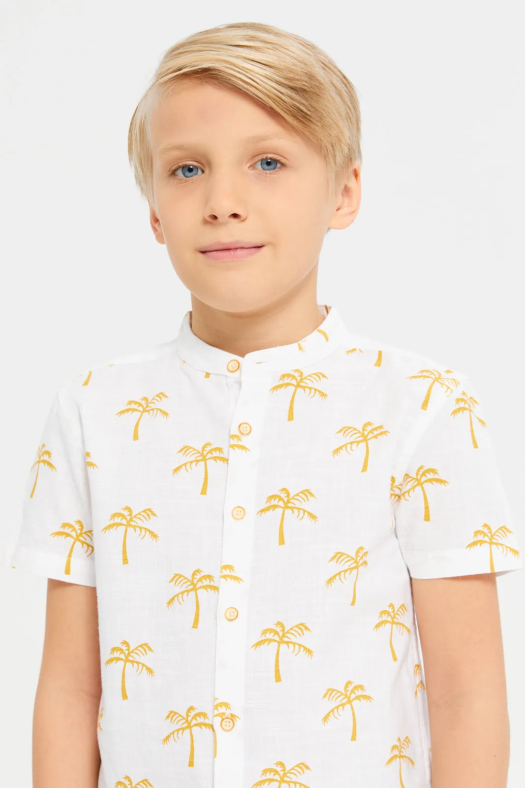 Boys White Printed Mandarin Collar Shirt