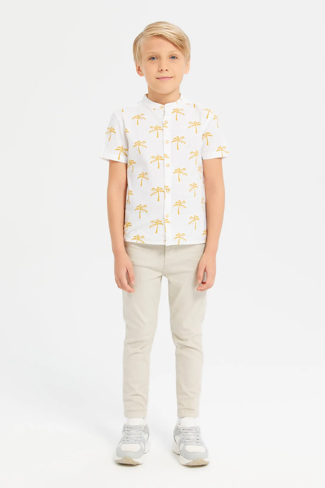 Boys White Printed Mandarin Collar Shirt