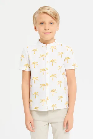 Boys White Printed Mandarin Collar Shirt