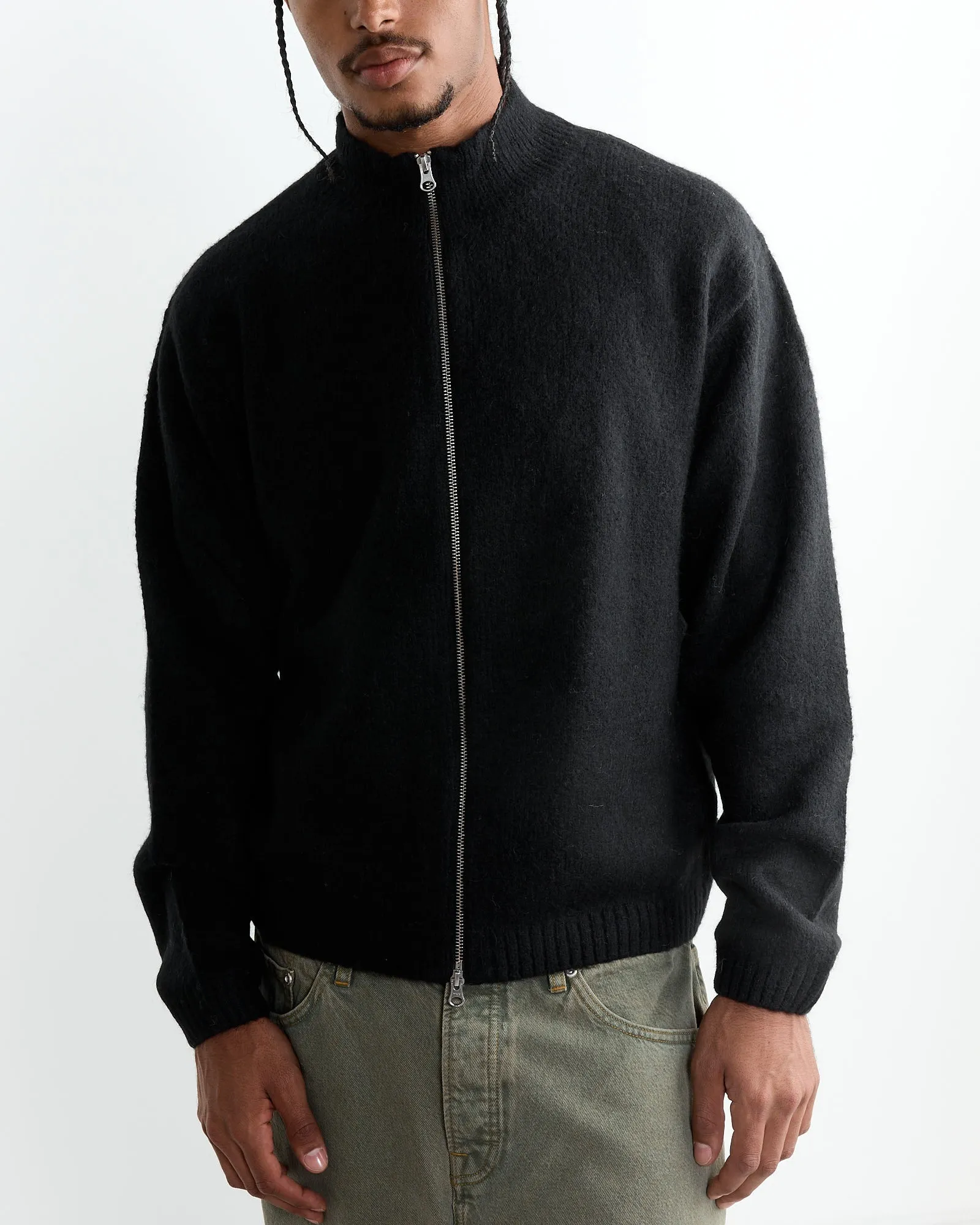 Brushed Mock Full Zip Sweater in Black