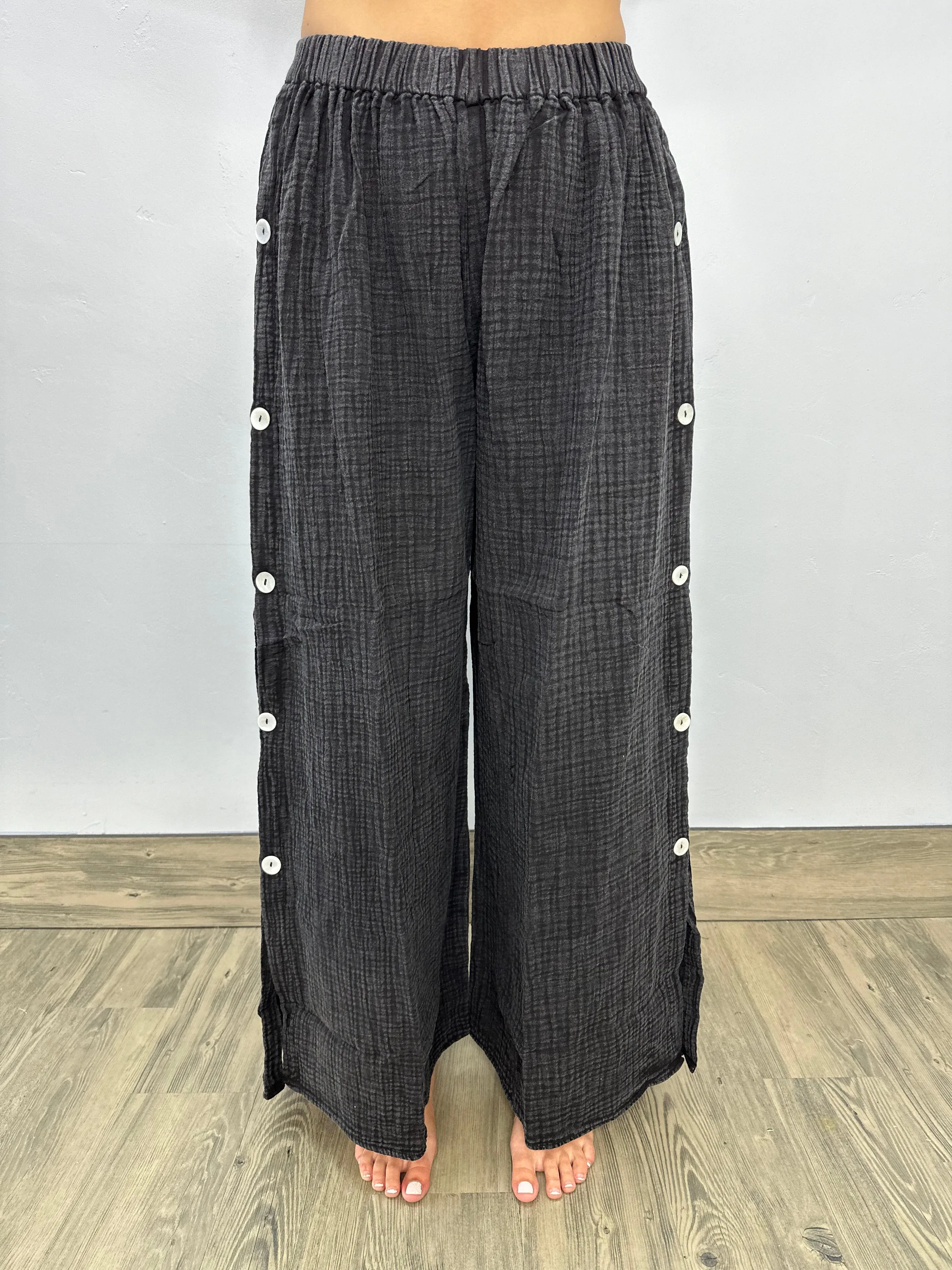 Charcoal Black Long Cotton Gauze Side Buttons Flowy Pants