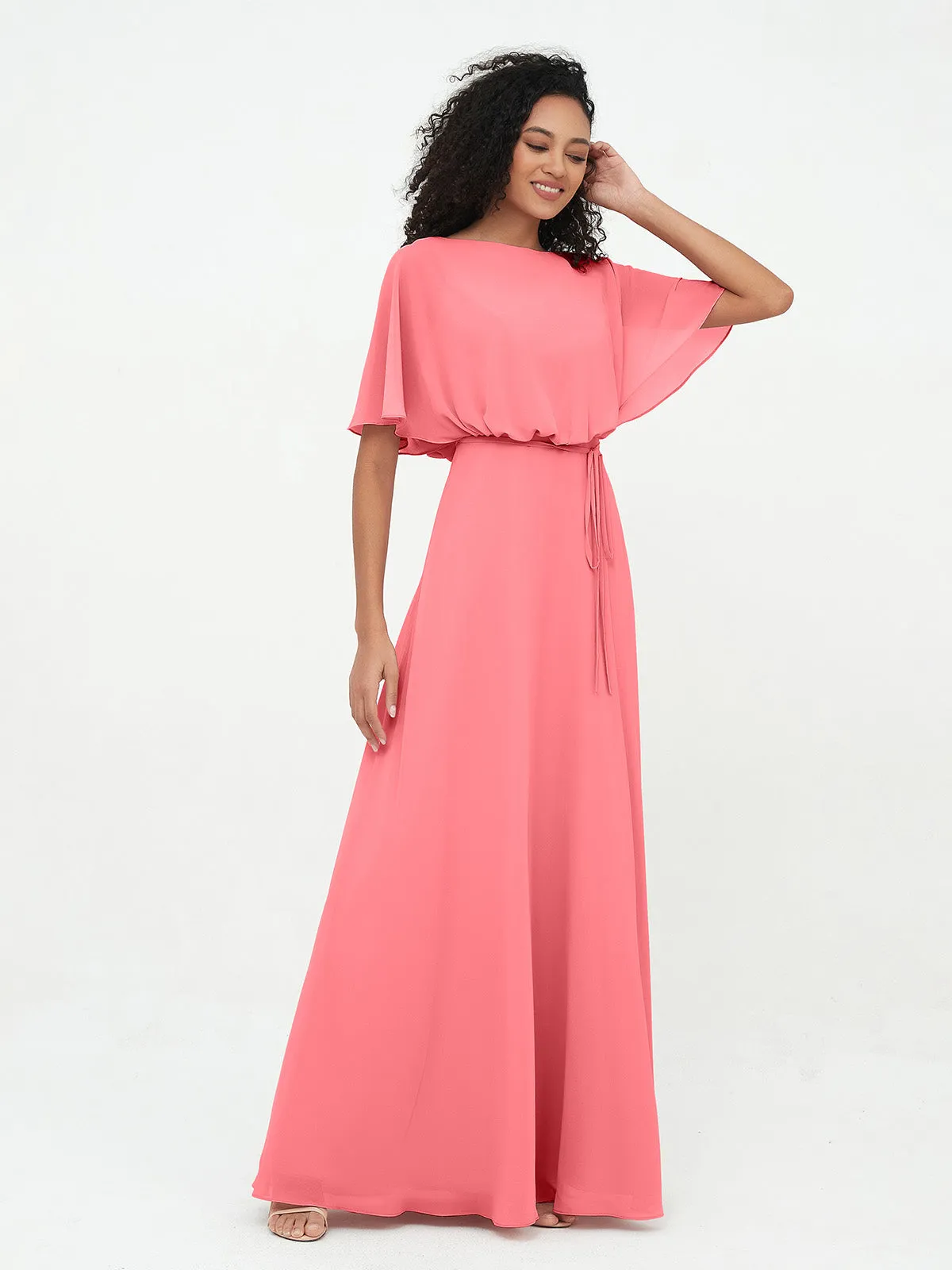 Chiffon Full Length Bridesmaid Dresses with Wrap Watermelon