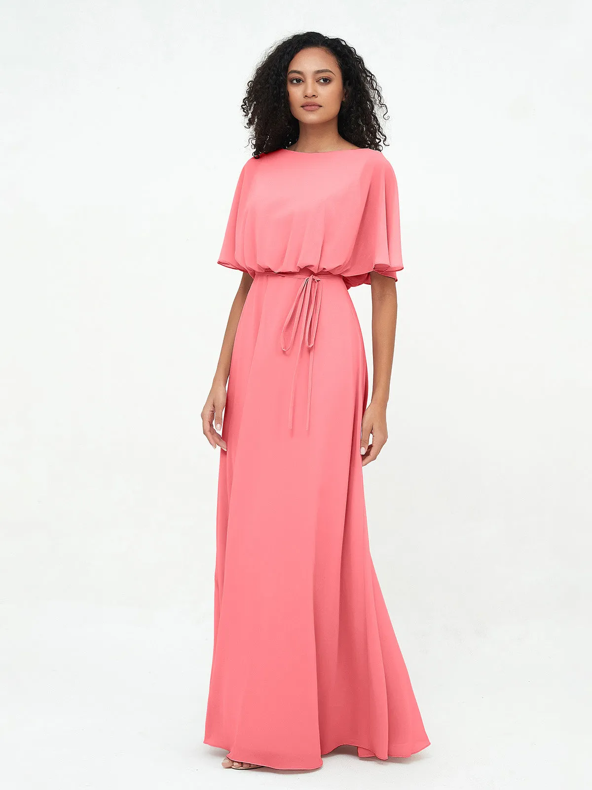 Chiffon Full Length Bridesmaid Dresses with Wrap Watermelon