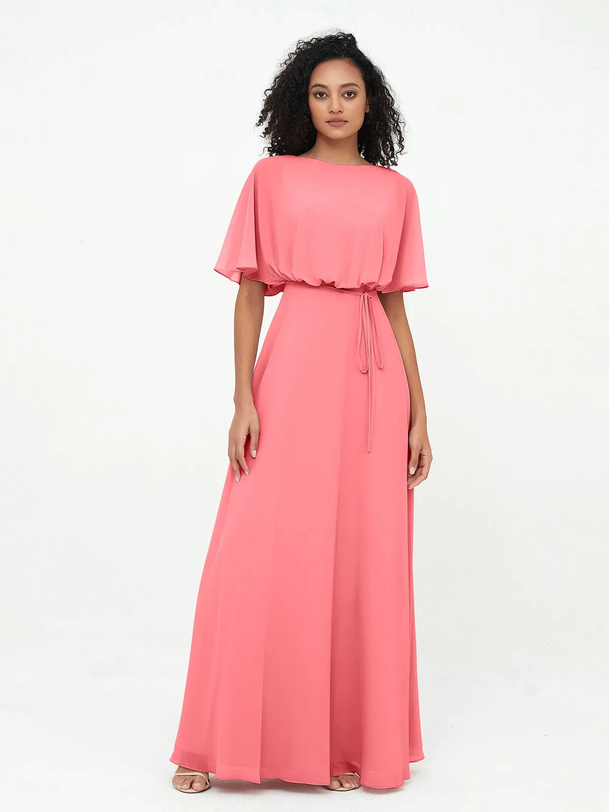 Chiffon Full Length Bridesmaid Dresses with Wrap Watermelon