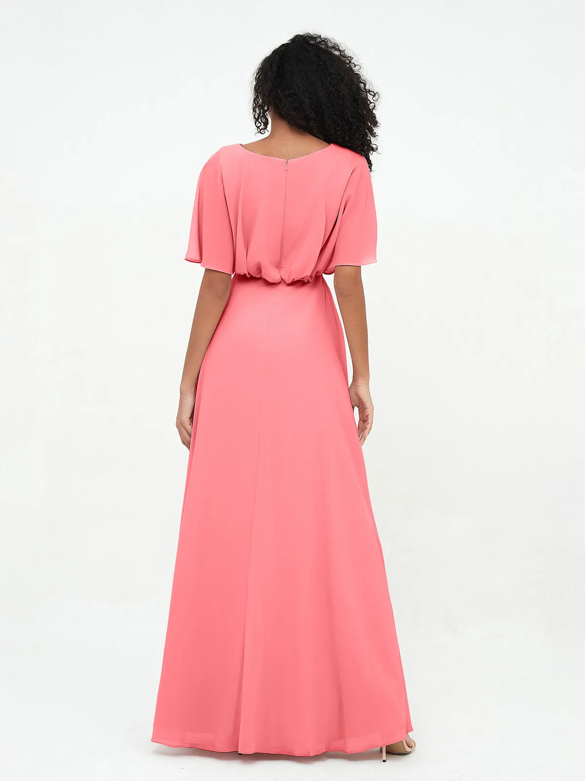 Chiffon Full Length Bridesmaid Dresses with Wrap Watermelon