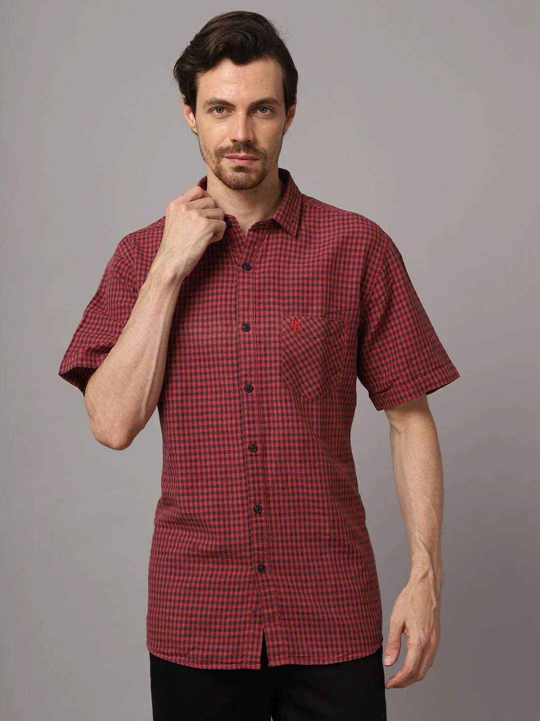 Cotton Checkered Red Half Sleeve Regular Fit Casual Shirt for Men with Pocket