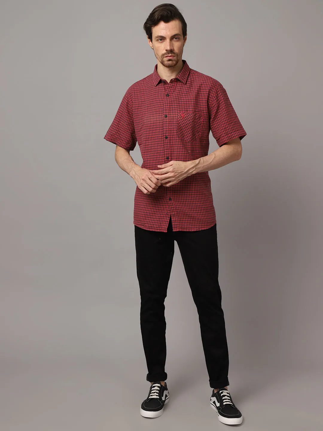 Cotton Checkered Red Half Sleeve Regular Fit Casual Shirt for Men with Pocket