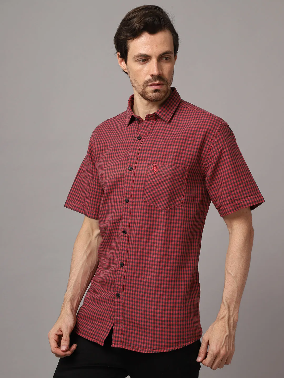 Cotton Checkered Red Half Sleeve Regular Fit Casual Shirt for Men with Pocket