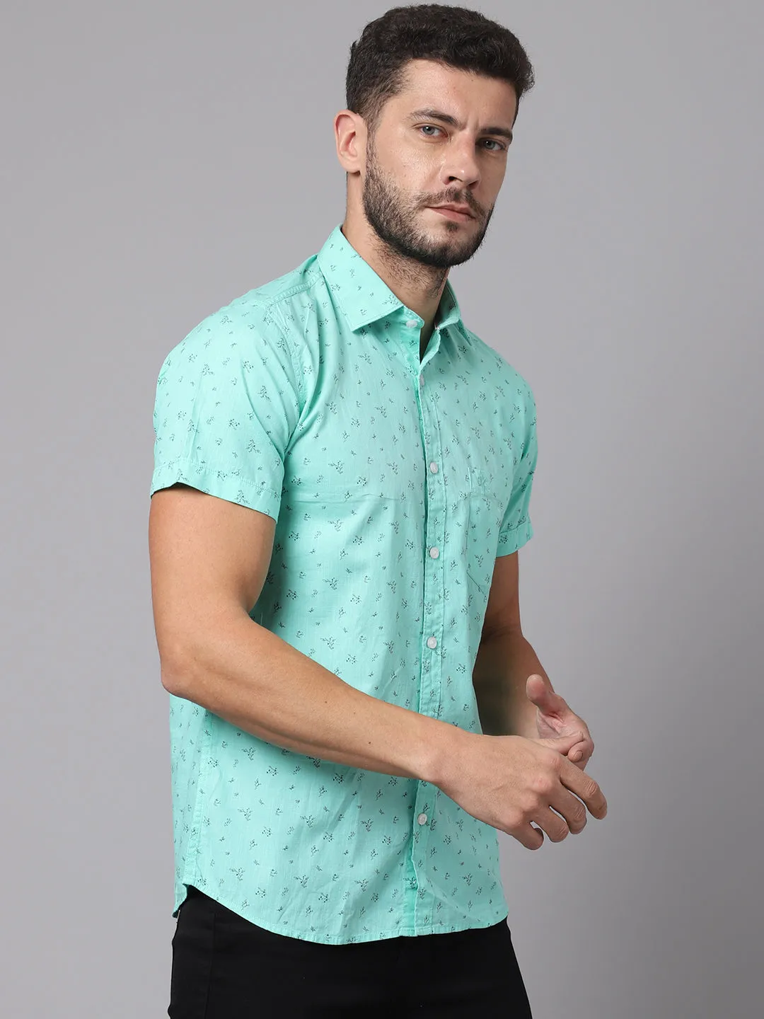 Cotton Printed Green Half Sleeve Regular Fit Casual Shirt for Men with Pocket