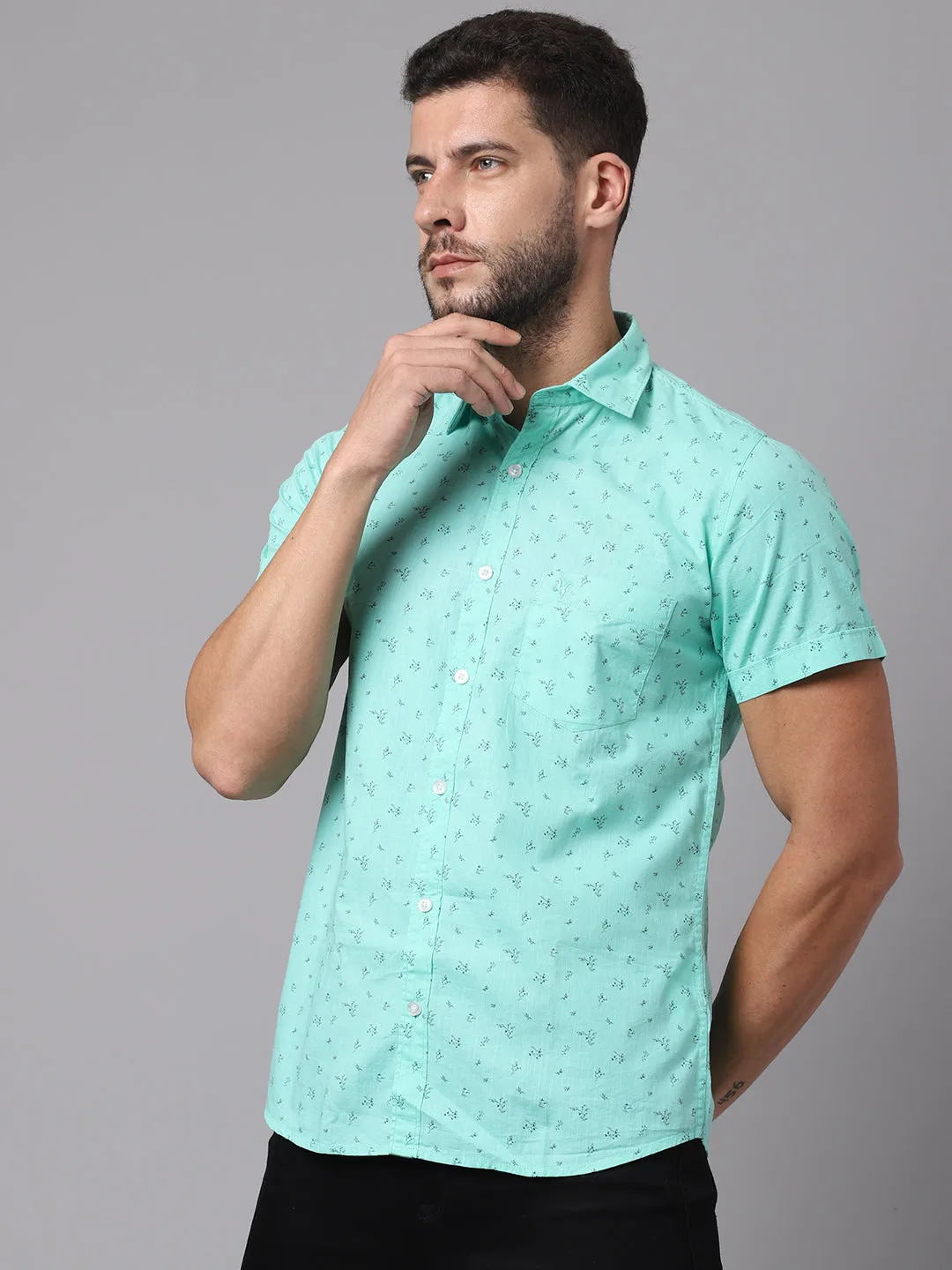 Cotton Printed Green Half Sleeve Regular Fit Casual Shirt for Men with Pocket