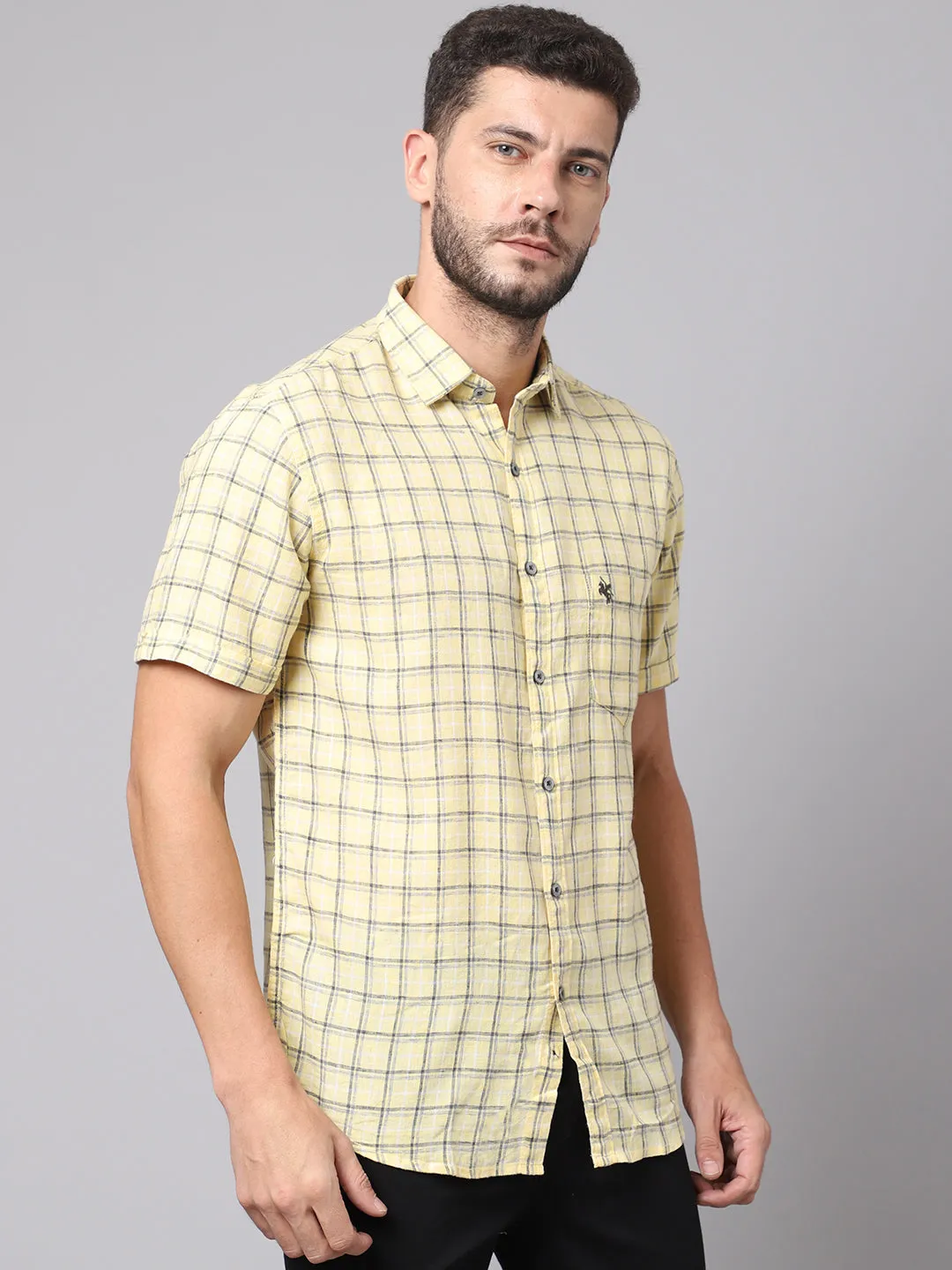 Cotton Yellow Checkered Half Sleeve Regular Fit Casual Shirt for Men with Pocket