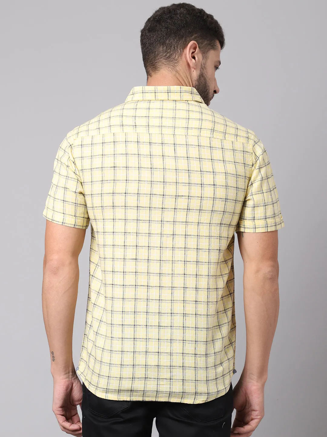 Cotton Yellow Checkered Half Sleeve Regular Fit Casual Shirt for Men with Pocket