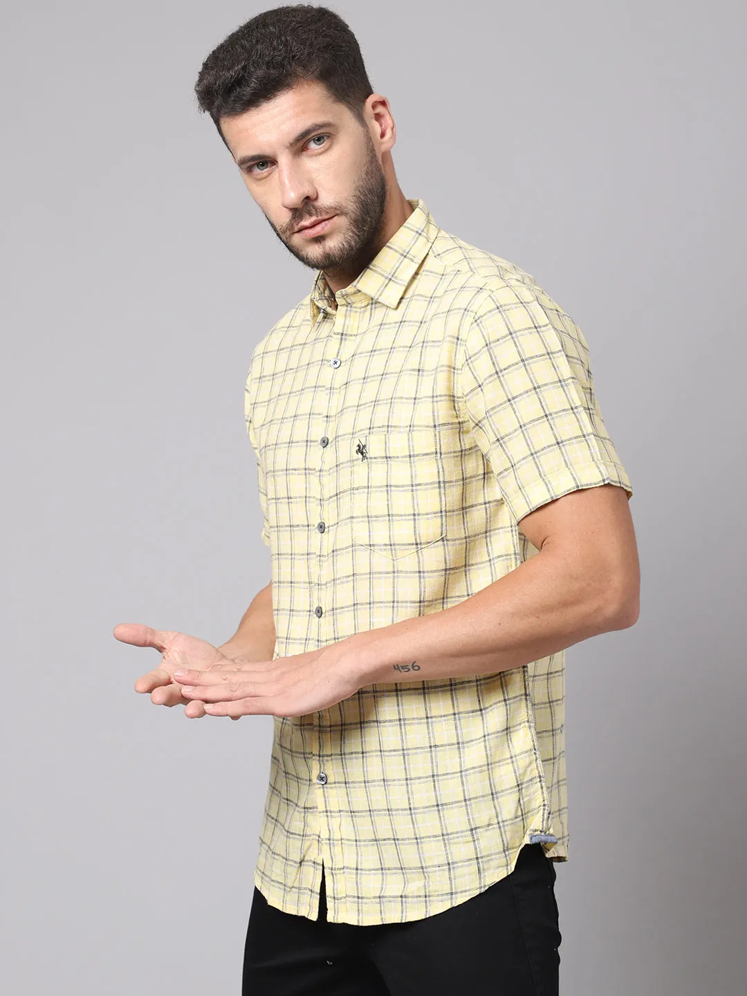 Cotton Yellow Checkered Half Sleeve Regular Fit Casual Shirt for Men with Pocket