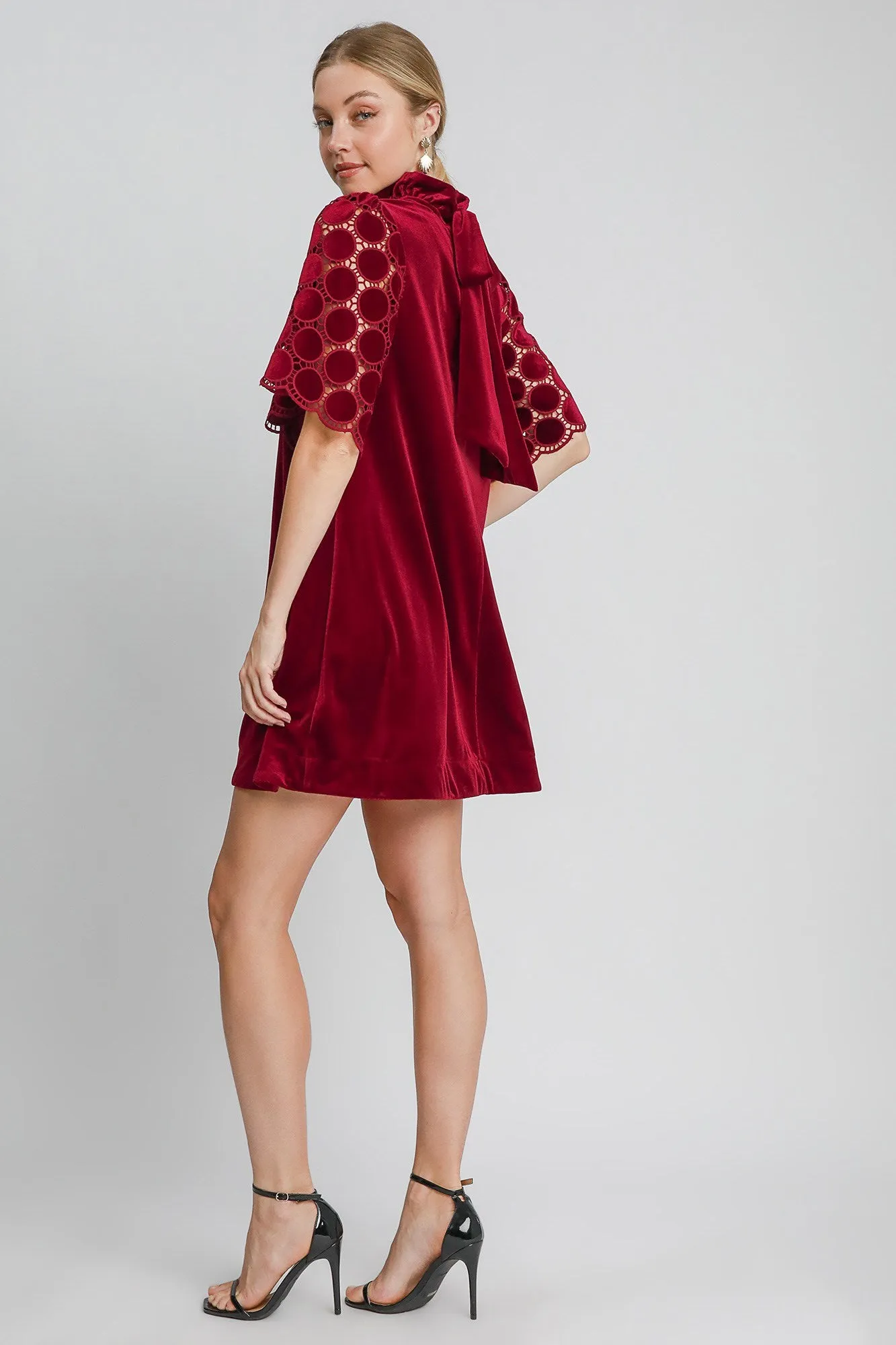 Dotted Lace Half Sleeve Mock Neck Back Tie Velvet Dress