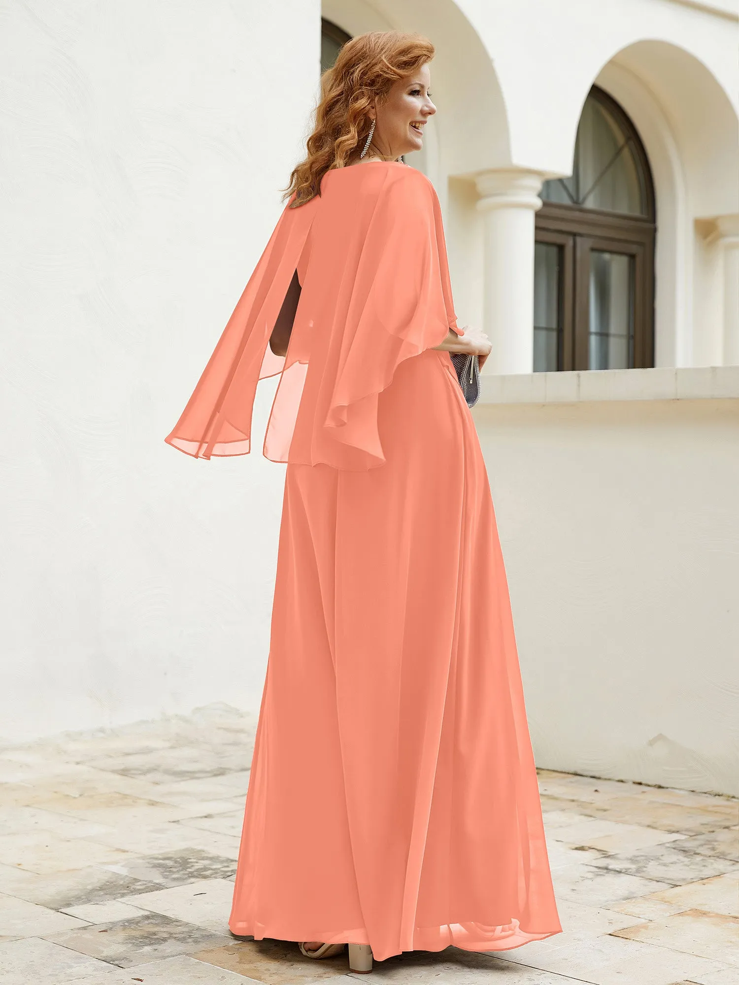 Dress Adorned with Beaded Elegance and Flutter Sleeves Sunset