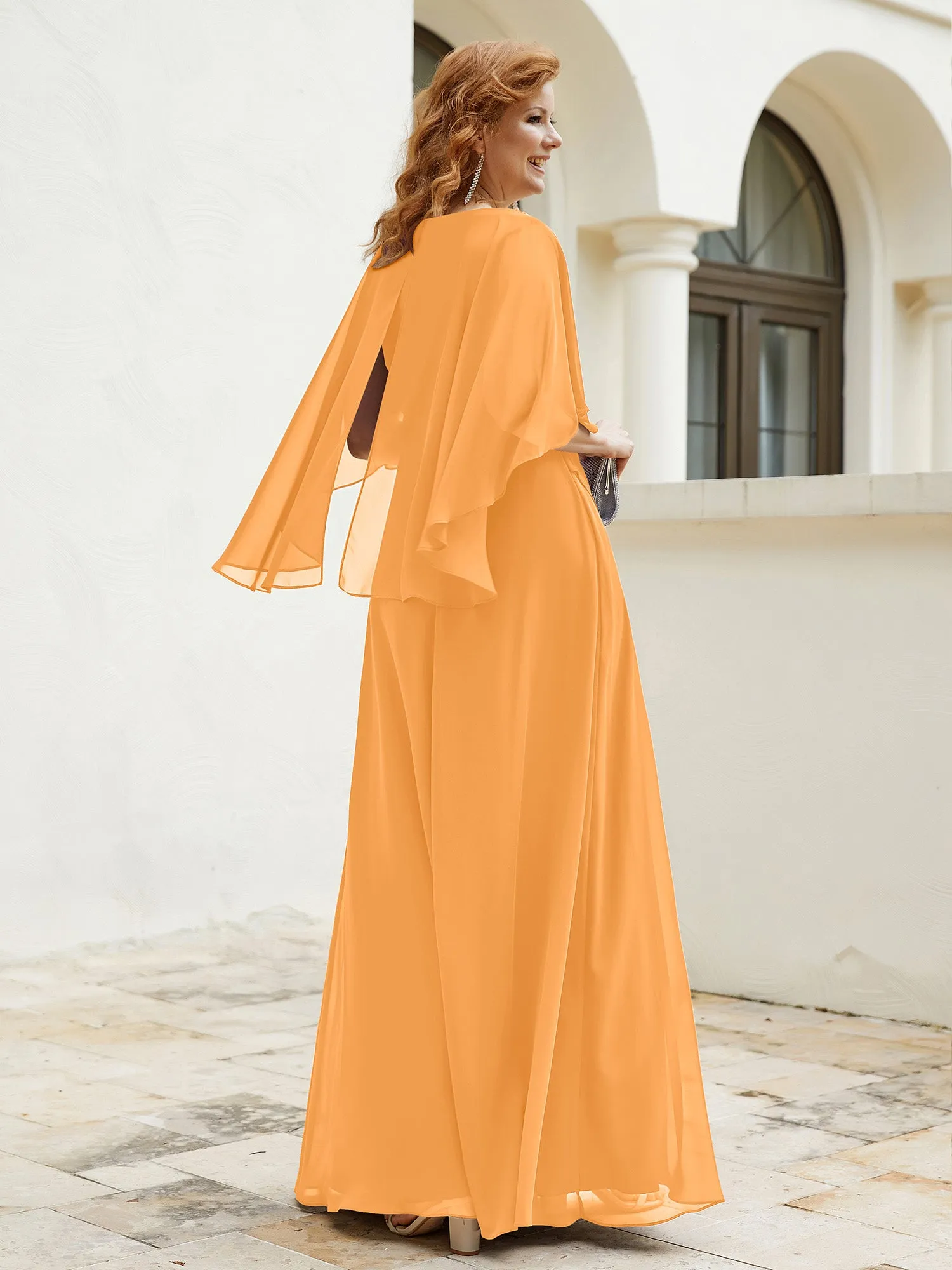 Dress Adorned with Beaded Elegance and Flutter Sleeves Tangerine