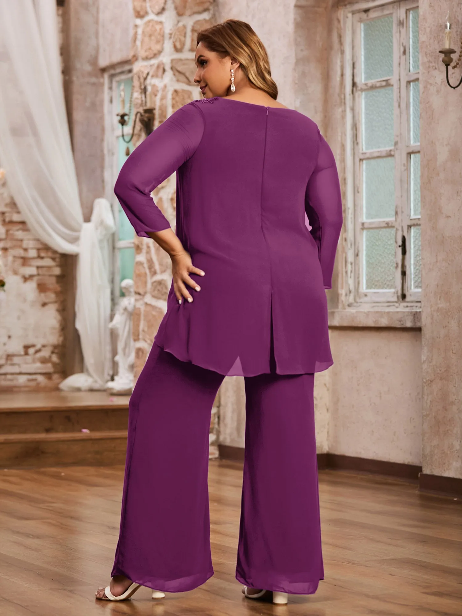 Elegant Chiffon Pant Suit with Long Sleeves-Orchid