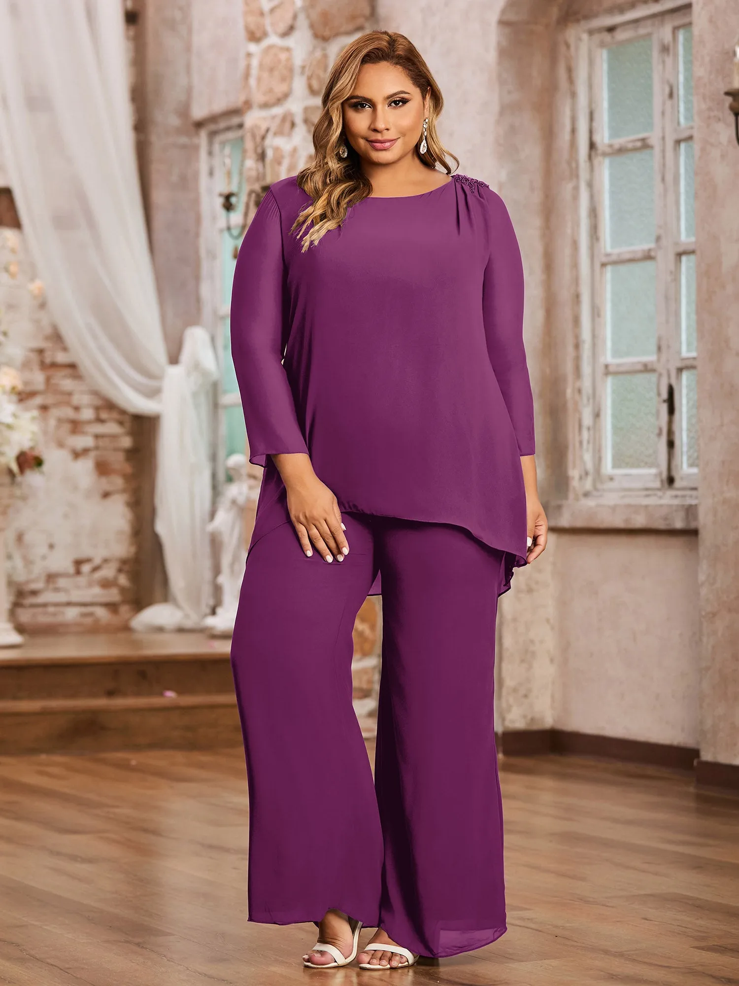 Elegant Chiffon Pant Suit with Long Sleeves-Orchid