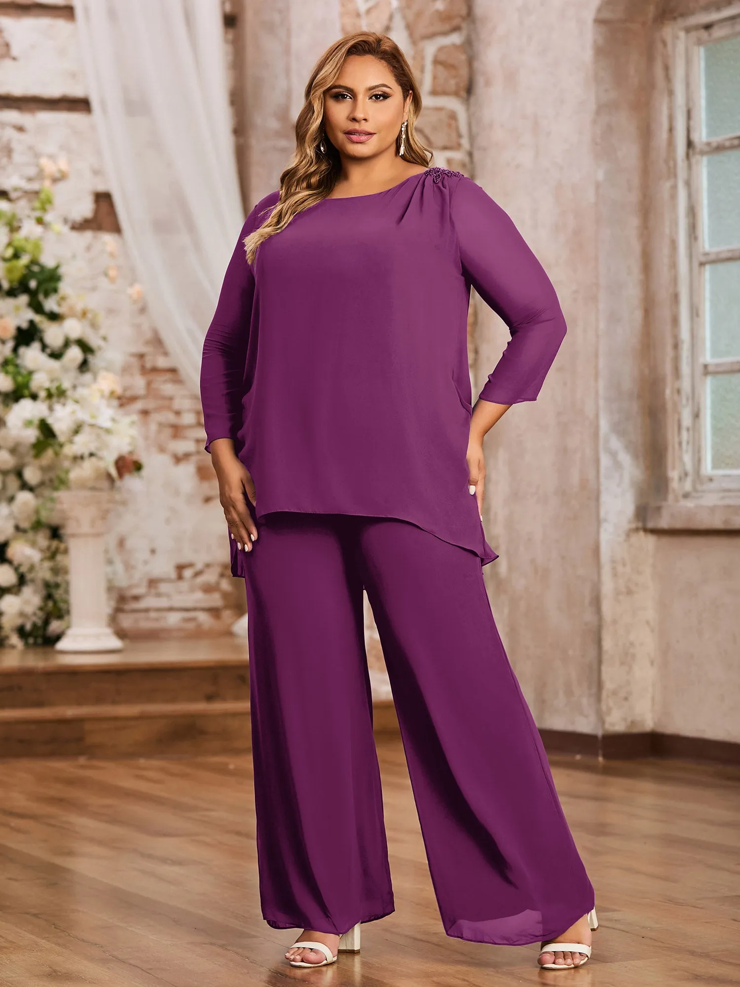 Elegant Chiffon Pant Suit with Long Sleeves-Orchid