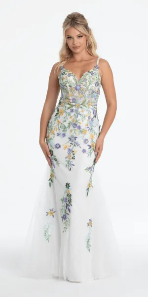 Floral Embroidered Mesh Corset Keyhole Mermaid Dress with Shawl