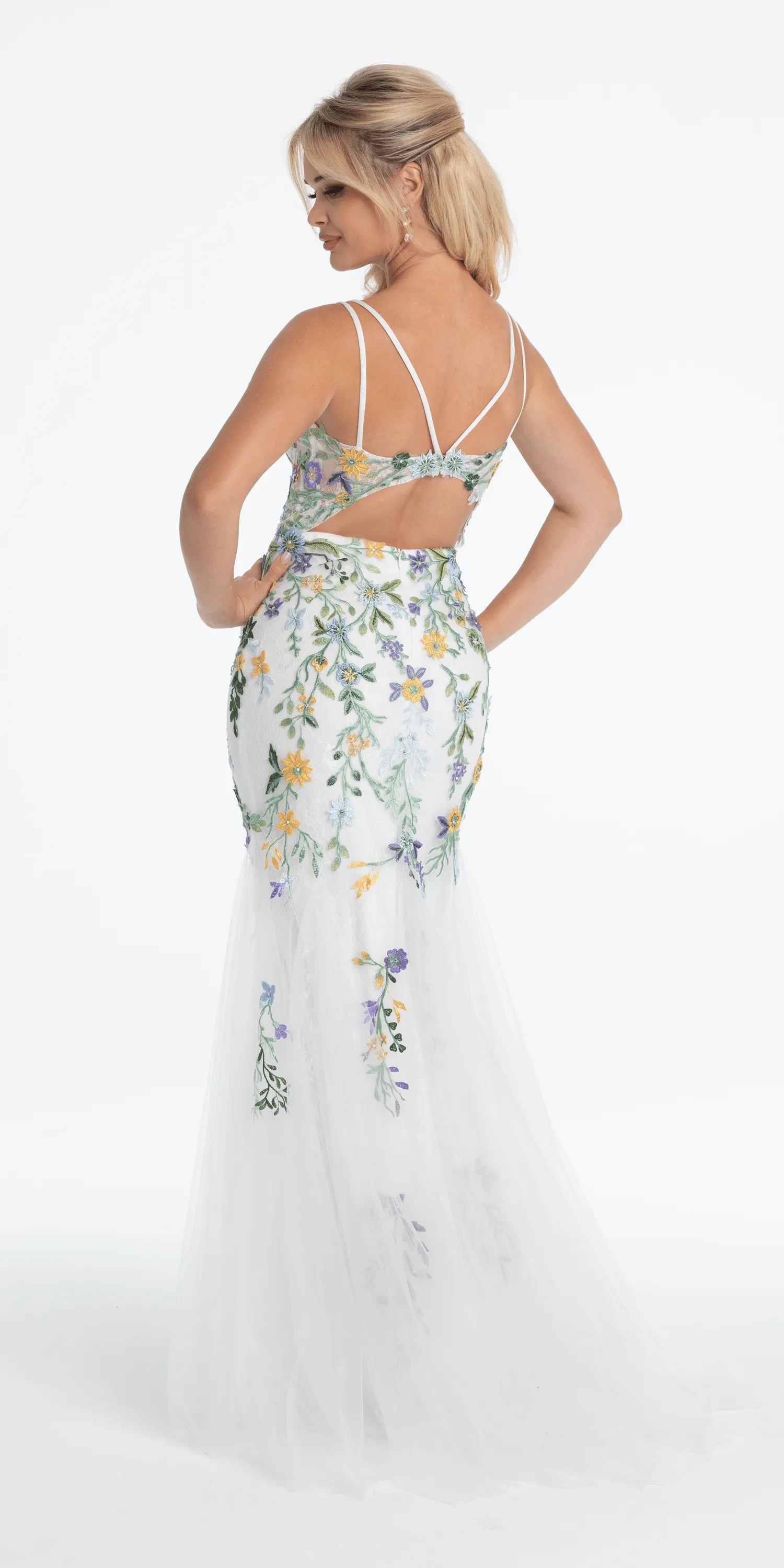 Floral Embroidered Mesh Corset Keyhole Mermaid Dress with Shawl