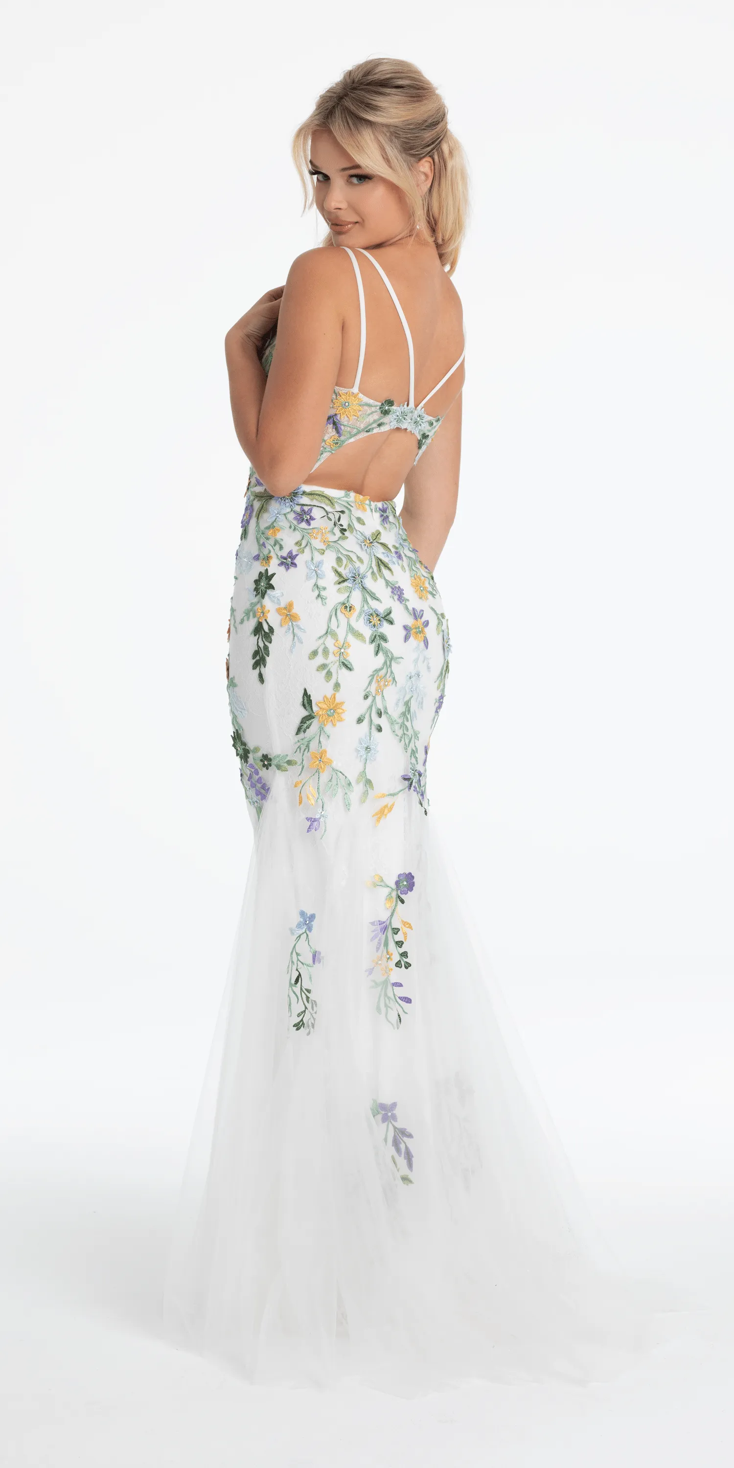 Floral Embroidered Mesh Corset Keyhole Mermaid Dress with Shawl