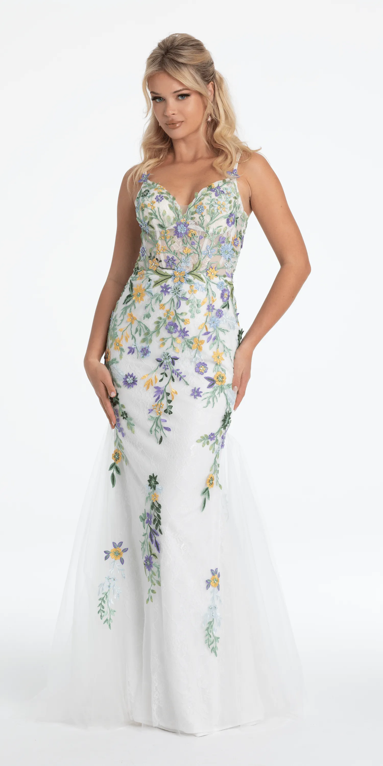 Floral Embroidered Mesh Corset Keyhole Mermaid Dress with Shawl