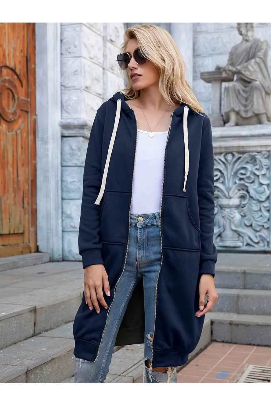 Full Size Zip-Up Longline Hoodie with Pockets