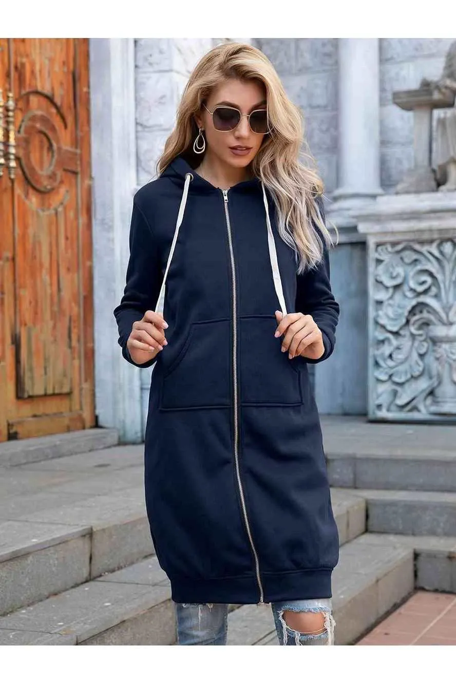 Full Size Zip-Up Longline Hoodie with Pockets