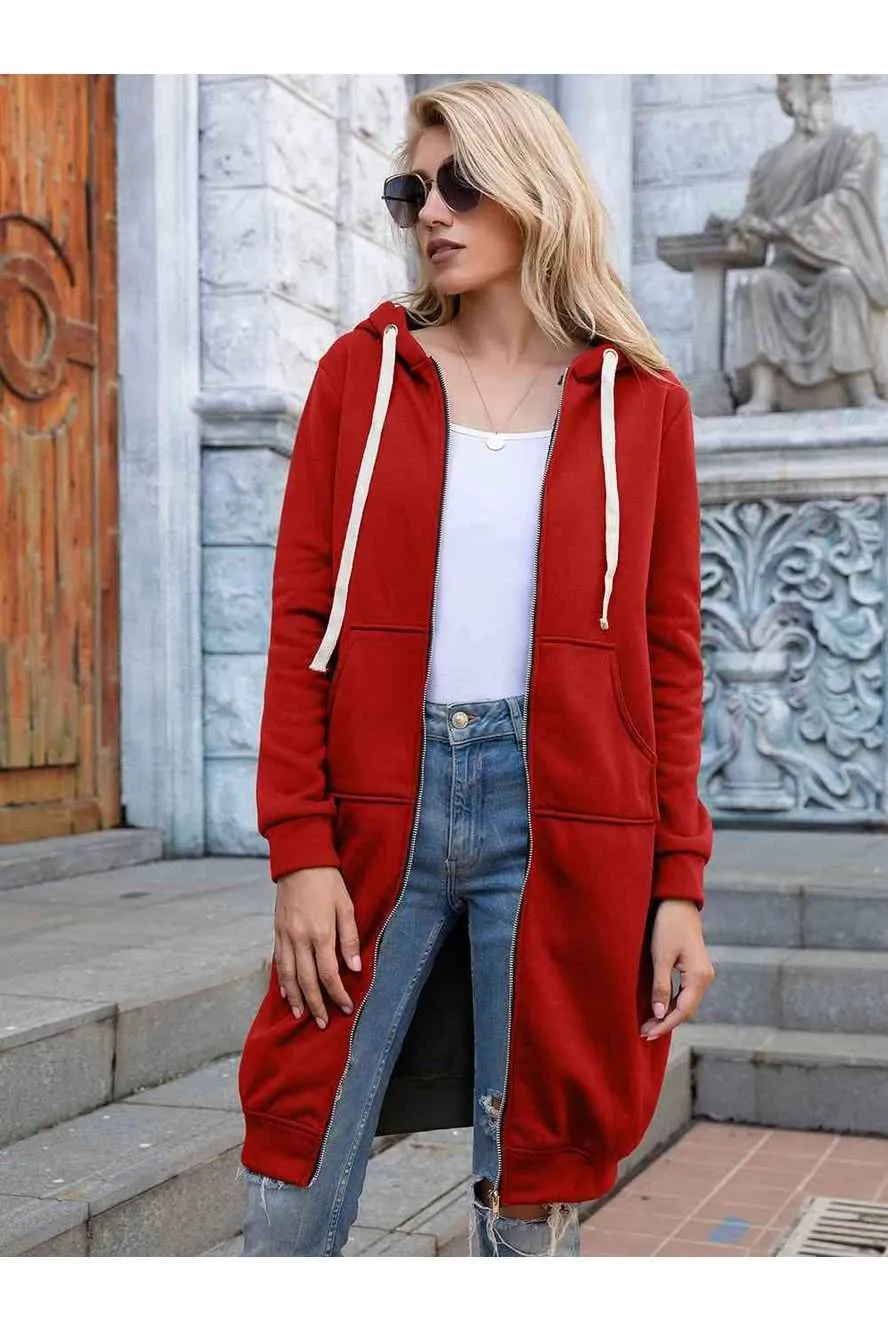 Full Size Zip-Up Longline Hoodie with Pockets