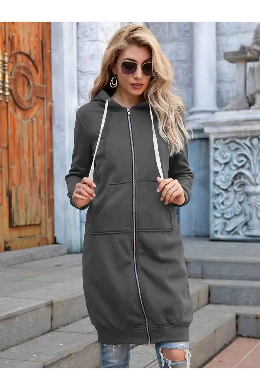 Full Size Zip-Up Longline Hoodie with Pockets