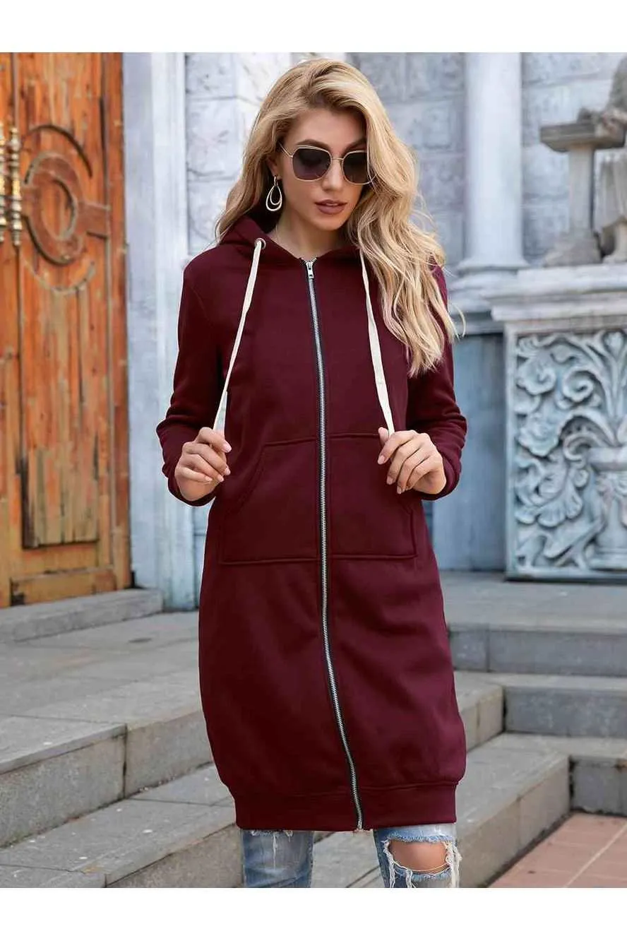 Full Size Zip-Up Longline Hoodie with Pockets