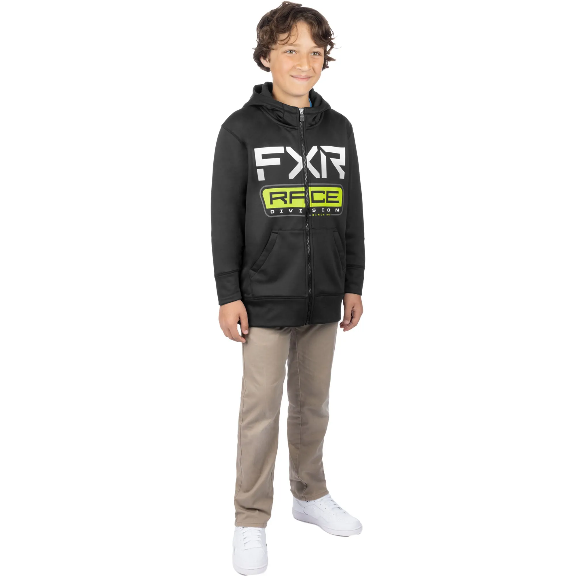 FXR  Youth Race Division Tech Hoodie Hoody Full Zip Front Pouch Black Hi-Vis