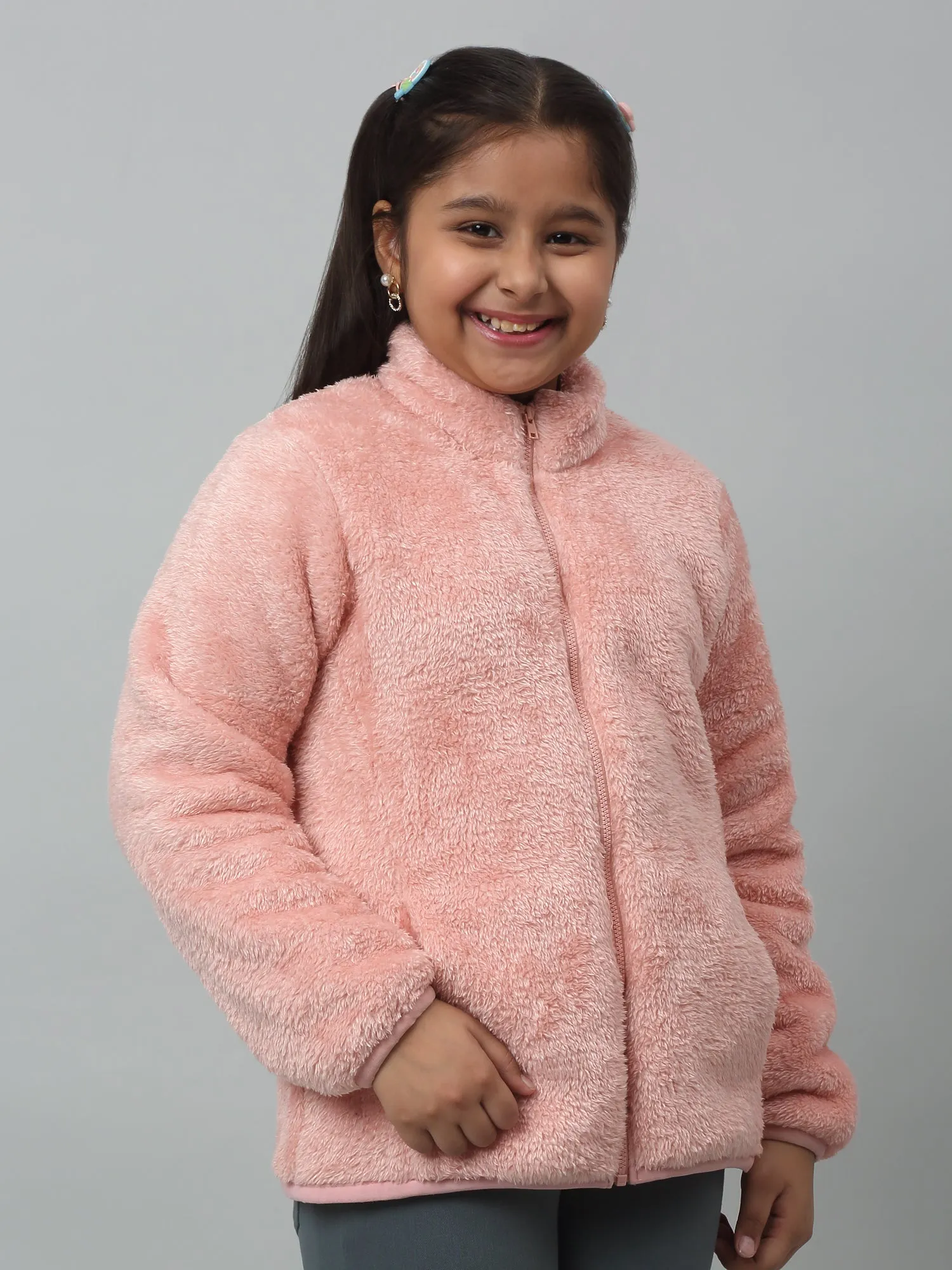 Girls Pink Mandarin Collar Jacket For Winter