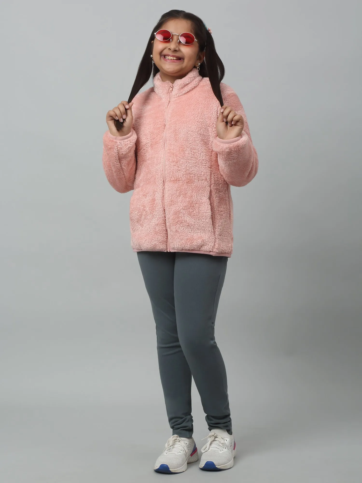 Girls Pink Mandarin Collar Jacket For Winter