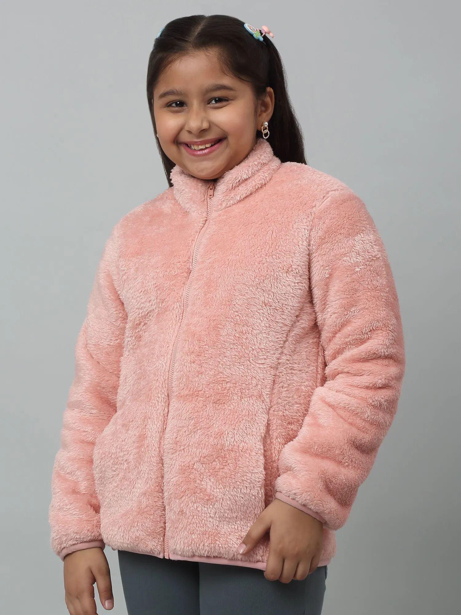 Girls Pink Mandarin Collar Jacket For Winter