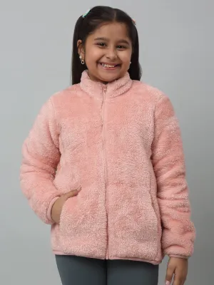 Girls Pink Mandarin Collar Jacket For Winter