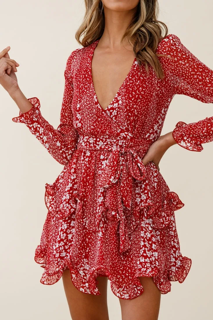 Greta Tiered Ruffle Chiffon Dress Floral Print Red