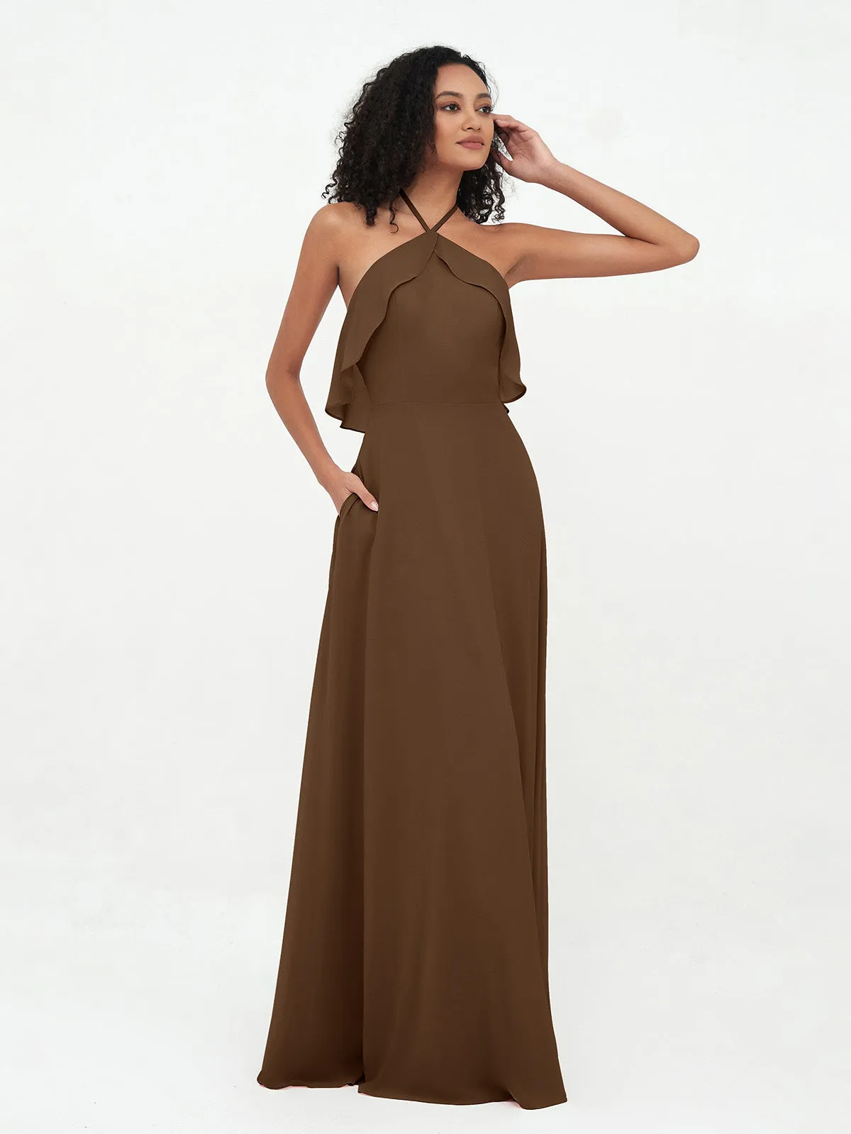 Halter Strap Chiffon Long Bridesmaid Dresses Brown