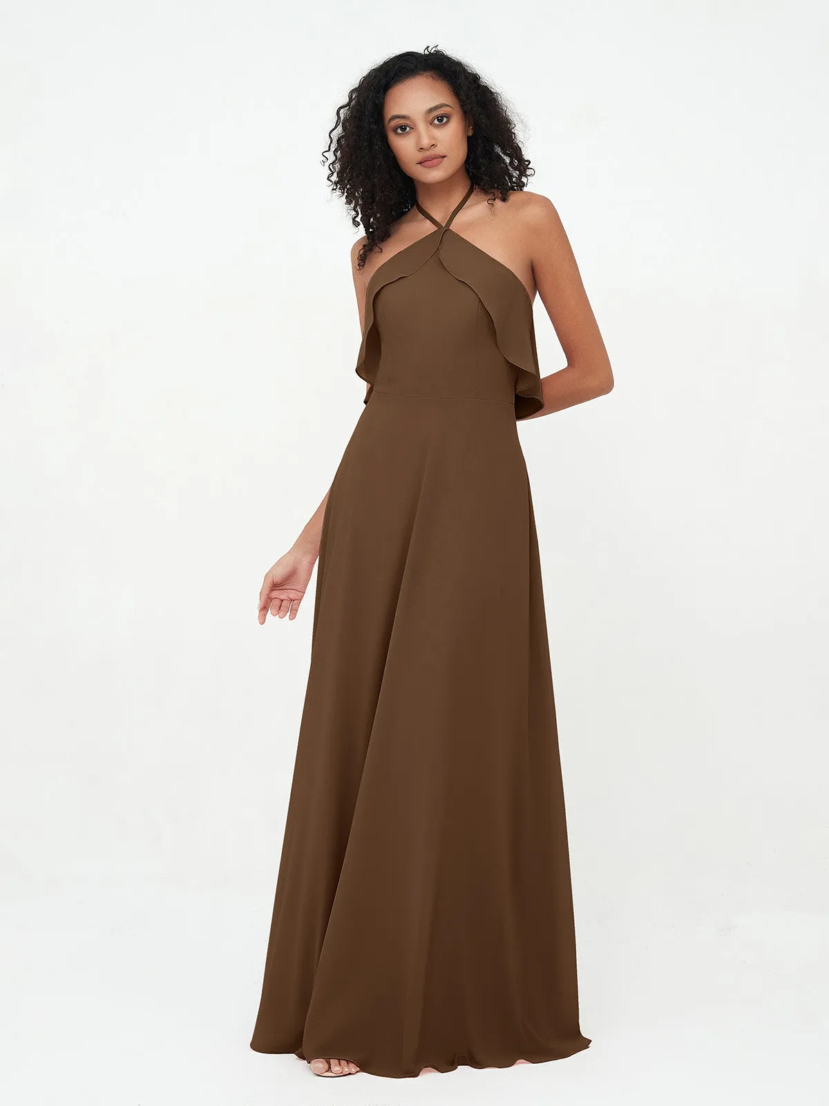 Halter Strap Chiffon Long Bridesmaid Dresses Brown